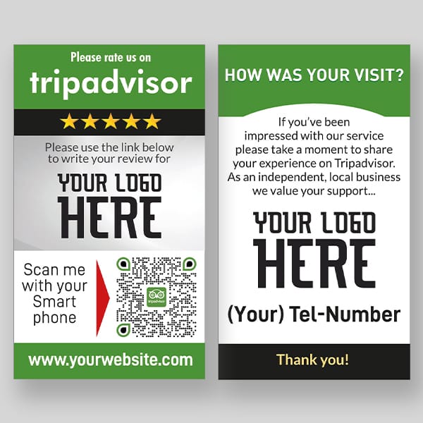 A promotional flyer featuring two sections. The left side encourages users to rate on TripAdvisor, with a QR code and space for a logo and website. The right side asks for feedback on a visit, includes a logo, telephone number, and ends with "Thank you!" at the bottom. Ideal for 500 TripAdvisor Review Cards - Includes Free Delivery!