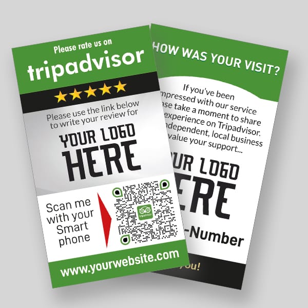 Two TripAdvisor-themed cards encouraging customers to leave a review. The front card shows a QR code and "Please rate us on TripAdvisor" with five stars, while the back card reads "How was your visit?" Both cards have placeholders for a logo and a website URL.